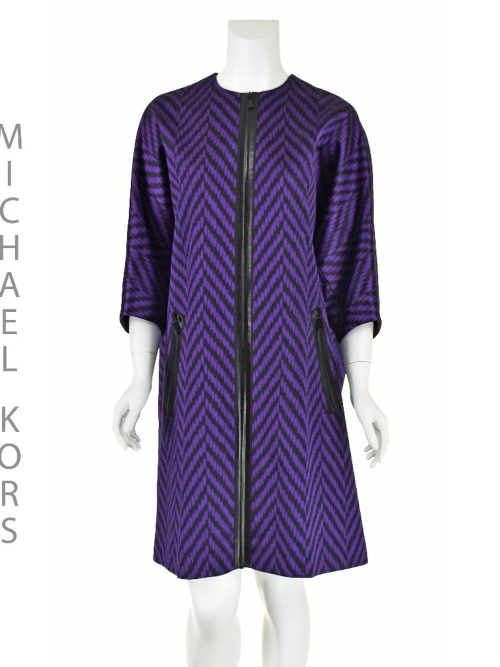 MICHAEL KORS Purple & Black Herringbone Satin Oversized Zipper Coat, SZ S/M NWOT